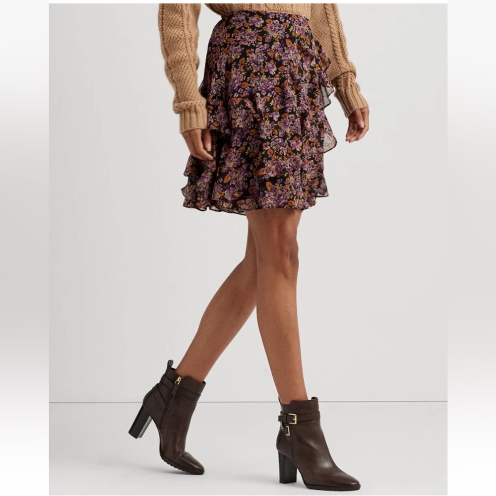 Lauren Ralph Lauren Women Floral Ruffle Trim Georgette Skirt Size 14